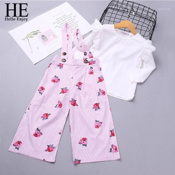 

he hello enjoy girls clothes sets new autumn girl white long-sleeve + pink printed strap pants children clothing vestidos1