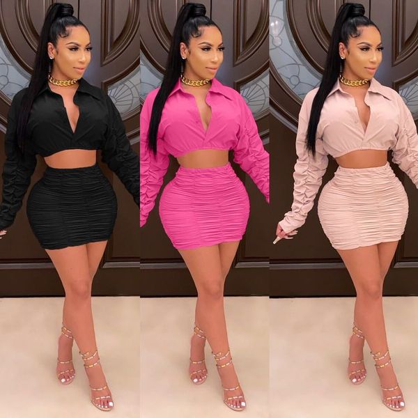 

cute pleated solid color xxxl jacket skirt suit fall dresses for women hm6341