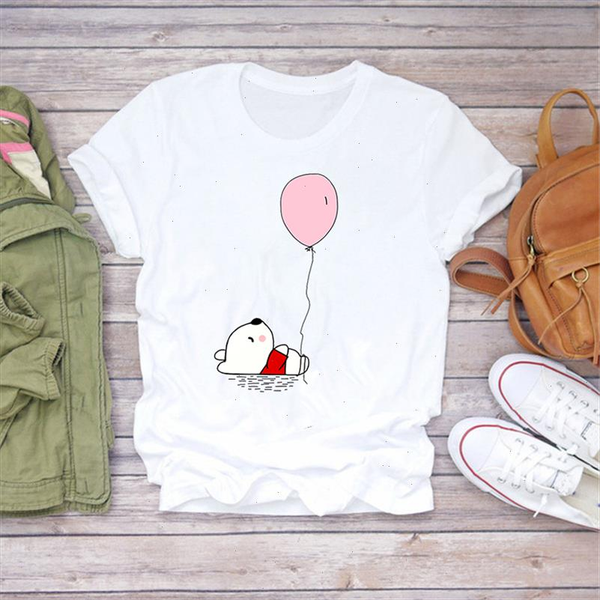 

super soft women summer short sleeve t shirt kawaii bear balloon print harajuku girls t shirts women clothes dropshipping, White