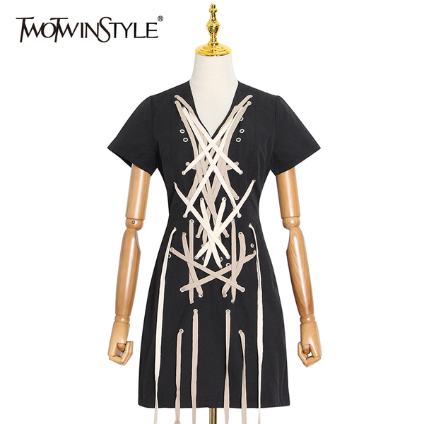 

twotwinstyle drawstring cross bandage dress for women v neck short sleeve high waist mini dresses female 2020 summer fashion new, Black;gray