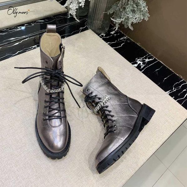 

ollymurs genuine leather rome gladiator women boots round toe crystal chunky heel women autumn winter ankle boots shoes woman, Black