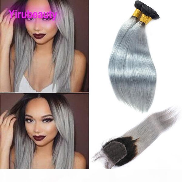 

brazilian virgin hair extensions 3 bundles with 4x4 lace closure two tones color 1b grey straight hair with 4*4 closure with baby hair, Black;brown