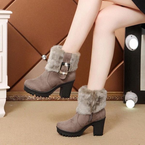 

women ankle boots high thick heels ladies furry plush warm winter zipper platform woman pumps non slip woman snow boots 2020 #gr8d, Black