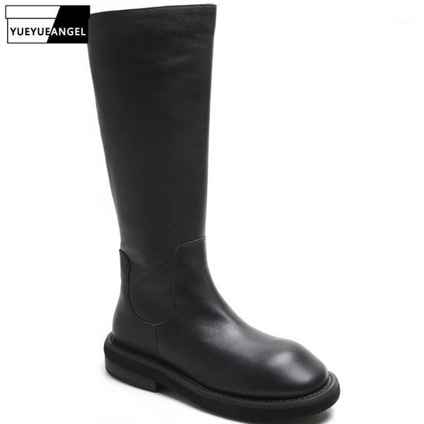 

genuine leather side zipper womens low heel high boots cowhide round toe slip on outdoor wear female casual platform knee boots1, Black