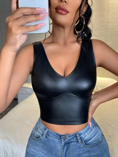 

v-neck pu leather tank l3rw#, White