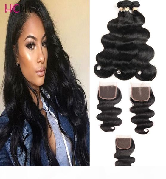 

8a brazilian virgin hair with closure extensions 3 bundles brazilian body wave with 4x4 lace closure unprocessed remy human hair weave, Black