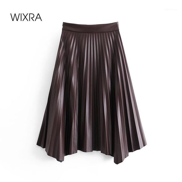 

wixra women's pu leather pleated skirts high waist mid-calf asymmetrical elegant bottoms office lady autumn winter1, Black
