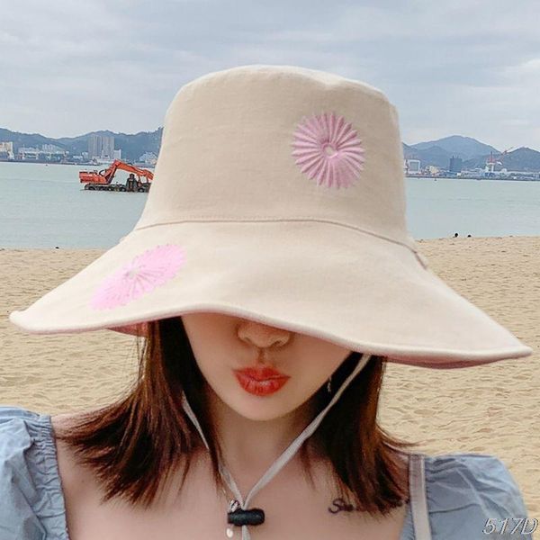 

womens summer beach sun hat reversible daisy embroidered wide brim bucket hat 517d, Blue;gray