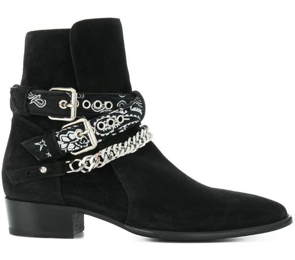 

new season bandana buckle boots genuine suede leather black chain fashion american rock roll western cowboy boots shoes