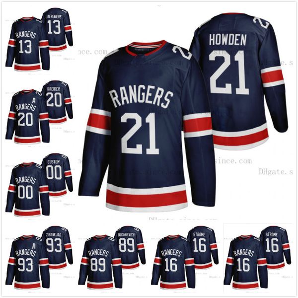 

13 alexis lafrenière нью-йорк рейнджерс 2021 reverse ретро navy джерси бучневич зибанежад райан стром крис крайдер brett хауден, Black;red