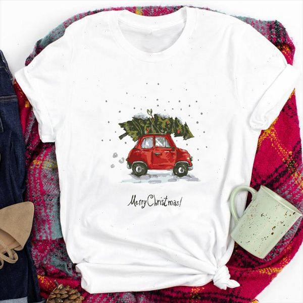 

tees for women lady cartoon winter season truck tree snow merry christmas print tshirt clothes graphic female t t shirt, White