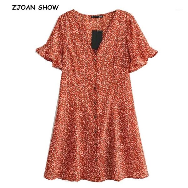 

2020 women new retro flare short sleeve floral dress orangered vintage single-breasted button v neck slim fit short dresses1, Black;gray