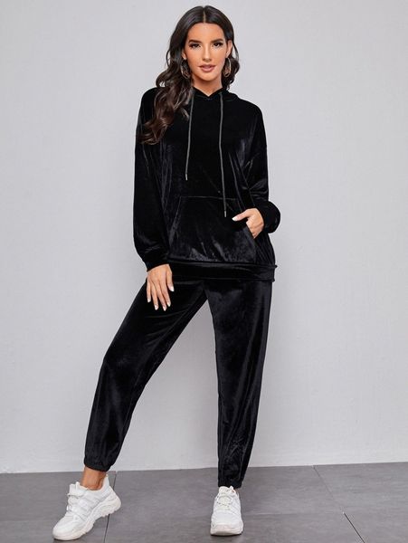 

drop shoulder velvet hoodie & sweatpants set s3hw#, White