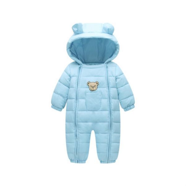 

children long sleeve rompers boys girls autumn winter warm bodysuit solid color down jacket one-piece kids bear print outdoor rompers, Blue