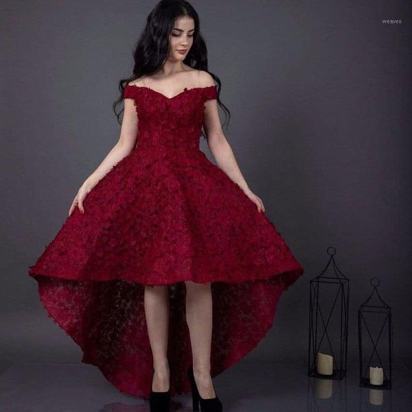 

2020 wine red off shoulder evening dress flowers high low a-line evening gown vestido de noche le407641, White;black
