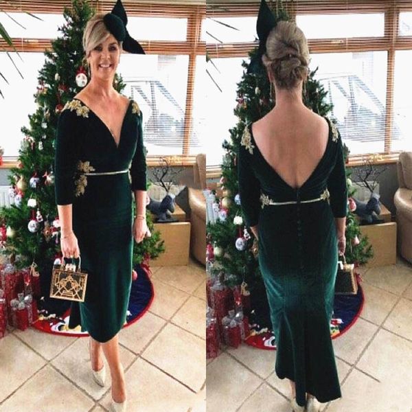 

dark green velvet mother of the bride dress short tea length v neck backless half sleeve evening prom wedding party gowns plus size, Black;red