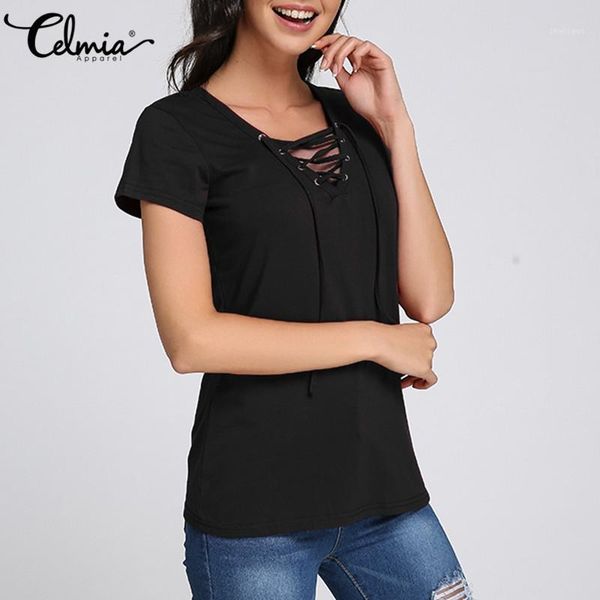 

celmia v neck lace up blouse ladies 2020 short sleeve women summer crosses front casual solid shirts blusas plus size1, White