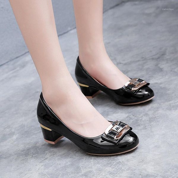 

spring women dress shoes patent leather high heel pumps metal boat shoes medium heeled single woman zapatos mujer n7109g1, Black