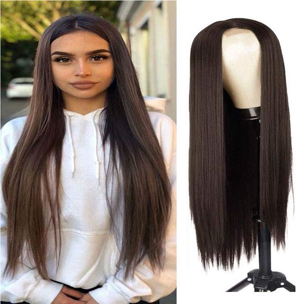 

dark brown color lace front synthetic wig heat resistant natural hairline silky striahgt cosplay wigs daily wig for black women, Black;brown