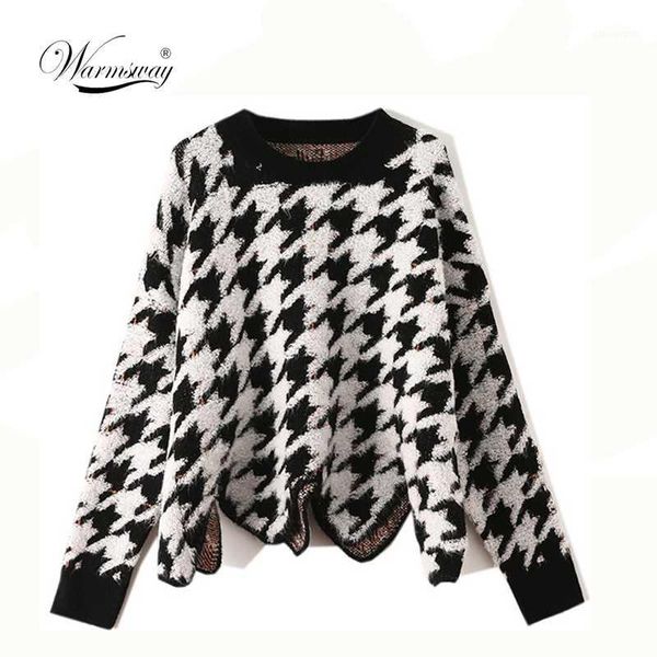 

fashion autumn winter houndstooth sweater women pullover irregular casual loose vintage korean female knitted clothes cy-0011, White;black