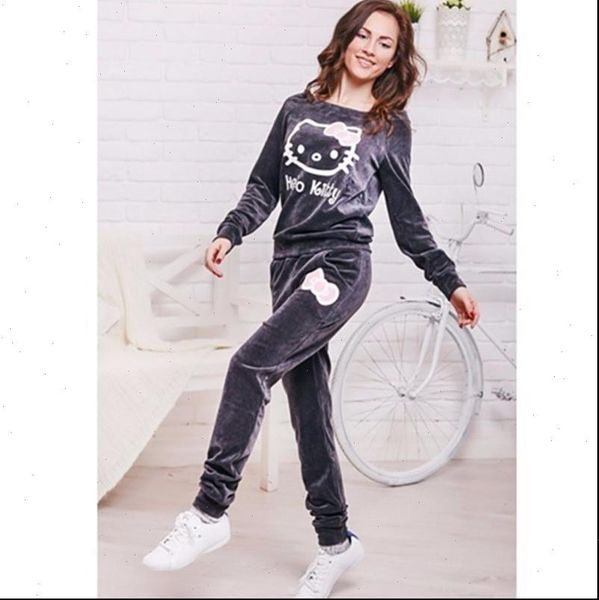 

2021 autumn winter women ladies velvet cartoon printed long sleeve tracksuit set home pullover sets clothes soft pants, Gray