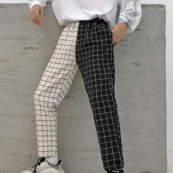 

monerffi vintage paid patchwork pants harajuku woman man trousers elastics high waist pants korean causal straight 20191, Black;white