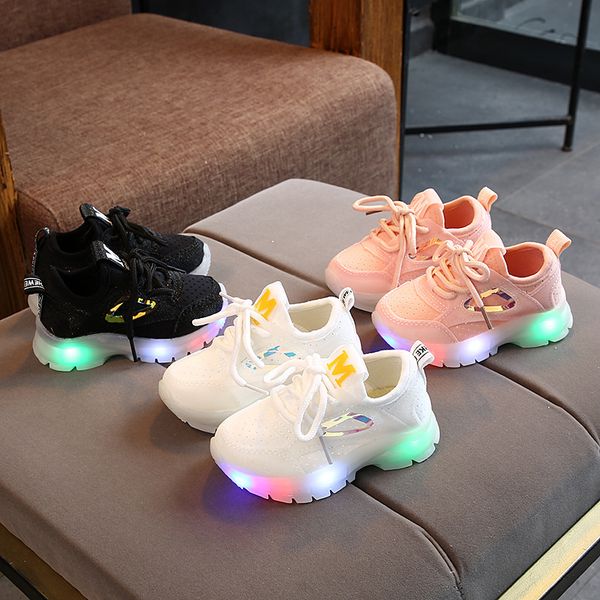

toddler girl children baby boy mesh breathable led glow luminous sneakers, Black