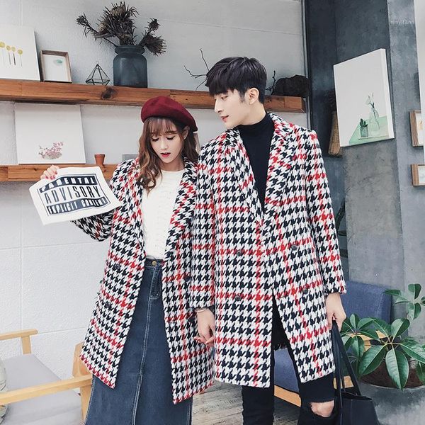 

2019 autumn wool blend plaid double breasted long coat japanese korean winter coat slim fit men jacket abrigo largo hombre1, Black