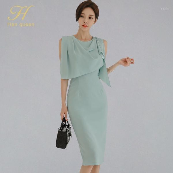 

h han queen korean style elegant solid color pencil dress women 2021 summer office wear dresses sheath bodycon tank vestidos1, Black;gray