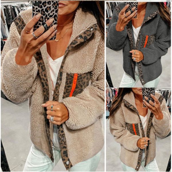

ladies leopard splicing coats fashion trend long sleeve all-match fleece outerwear designer female winter new casual thicken warm coats, Black;brown