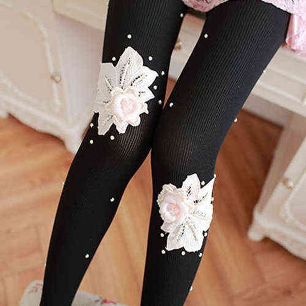 

socks hosiery pink large flower hand-made diamond nail bead lace pearl arbitrary cut silk stockings pantyhose, Black;white