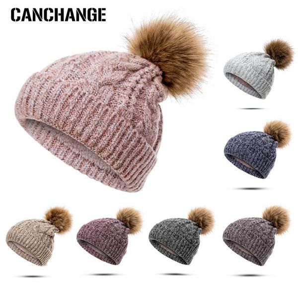 

beanie/skull caps pompoms ball fashion women's winter hat knitted thicken cotton hats beanies skullies fluffy fur gorras, Blue;gray