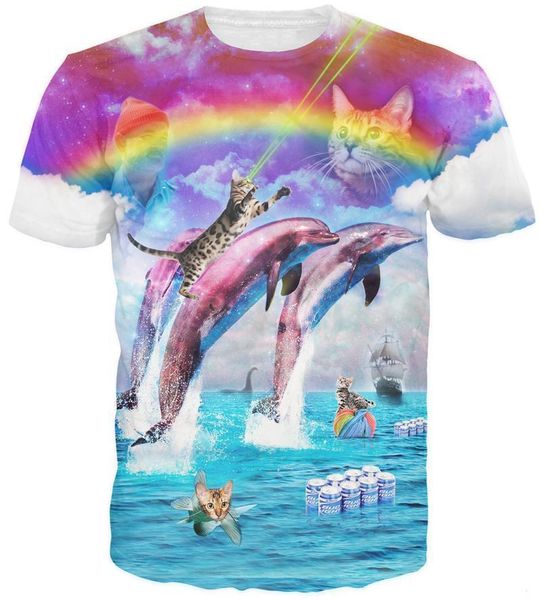 

2021 новый в стиле harajuku rainbow dolphin kitty футболки всплеск с кошками тройников женщины мужчины футболка вершины бесплатная доставка, White;black