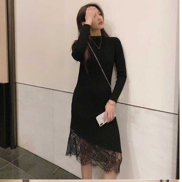 

autumn spring korean style women half high neck patchwork lace dress female fashion elegant knitted solid temperament dress, Black;gray