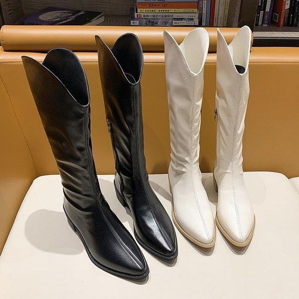 

boots ins women knee high female leather zipper knight luxury design platform wedges booties lady low 5cm heels shoes, Black