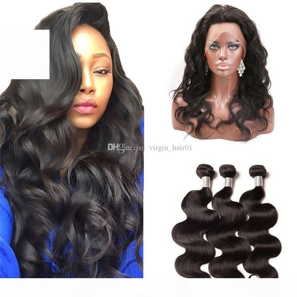 

brazilian 360 lace frontal with bundles body wave wavy #natural color human hair weave 3 bundles with 360 full lace frontal closure, Black;brown