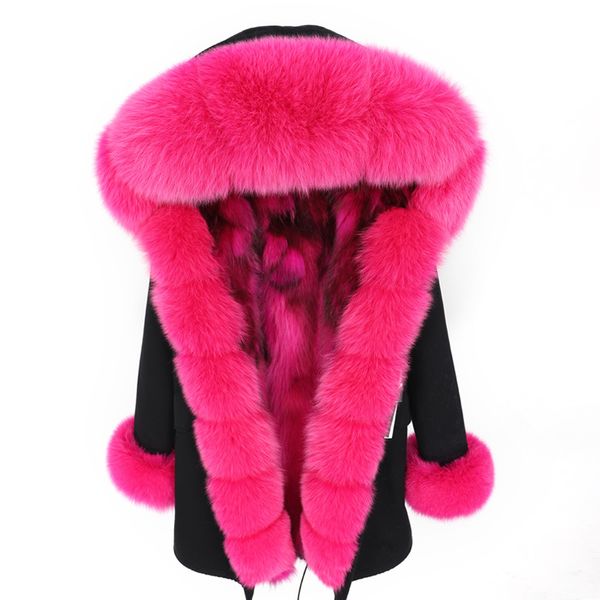 

real 2021 new fox fur collar natural female jacket raccoon skin lining winter coat warm thick women parker x4tj, Black