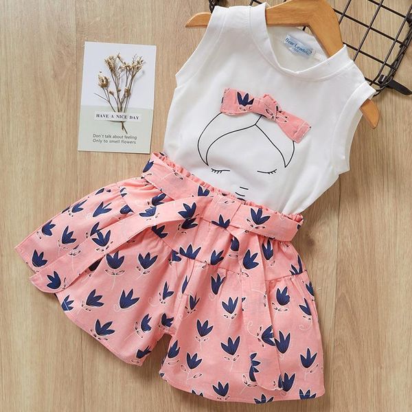 

children's clothing new style summer bow girls t-shirt + printed shorts suit l5.8, White