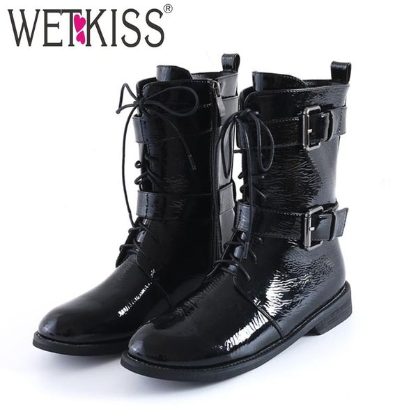

wetkiss loe heels motorcycle boots women mid-calf boot shoes female round toe shoes ladies casual buckle winter, Black