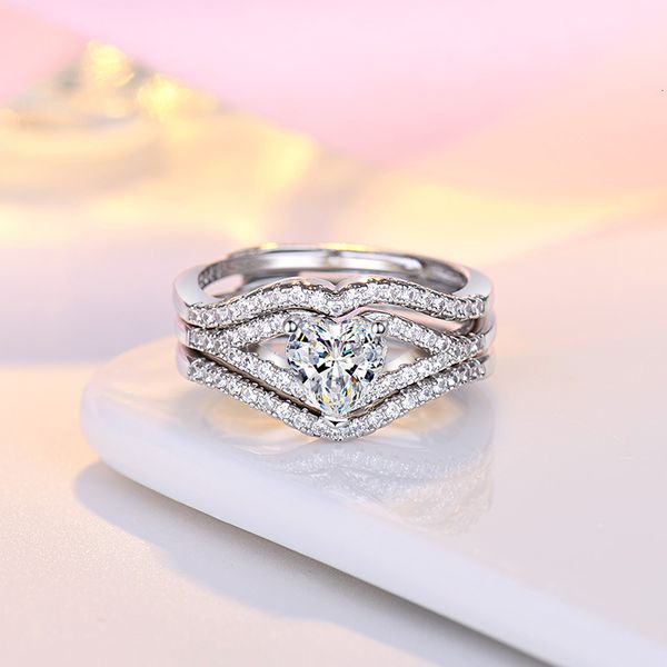 

japanese and korean style new love opening women's creative fashion temperament heart ring three in one combination jewelry, Silver