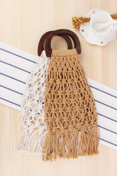 

british style new wooden handle portable nets straw bag cotton rope hand-woven bag sen department of beach women's
