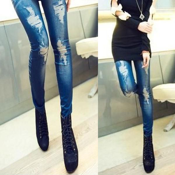 

retro lady skinny slim distressed stretchy jeans leggings jegging pants, Black