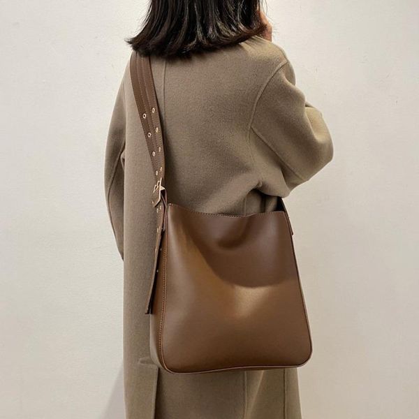 

cross body vintage women shoulder bag wide strap pu bandolera mujer crossbody bucket with small purses solid color schoudertas dames
