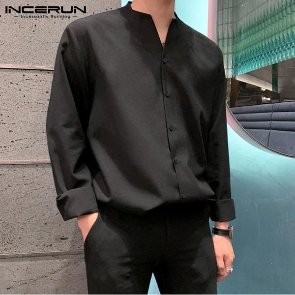 

incerun 2020 мужская мода solid color рубашка с длинным рукавом v шеи streetwear кнопки вскользь блуза корейский шикарные рубашки camisas, White;black