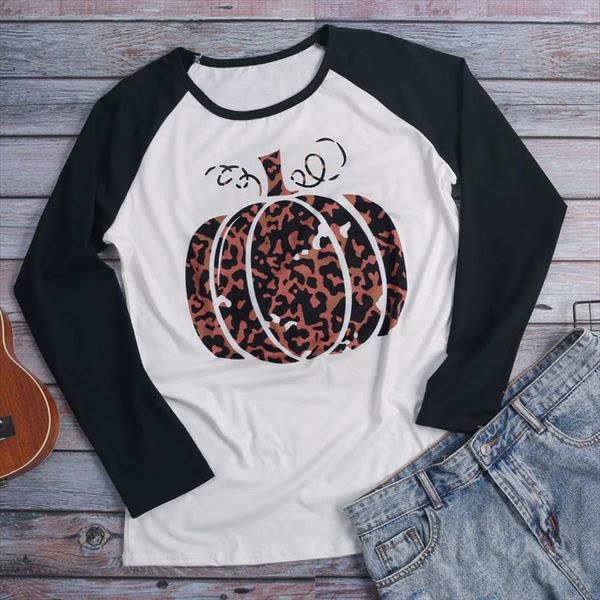 

women halloween leopard pumpkin print white stitching female raglan long sleeve casual t shirt graphic tee plus size new