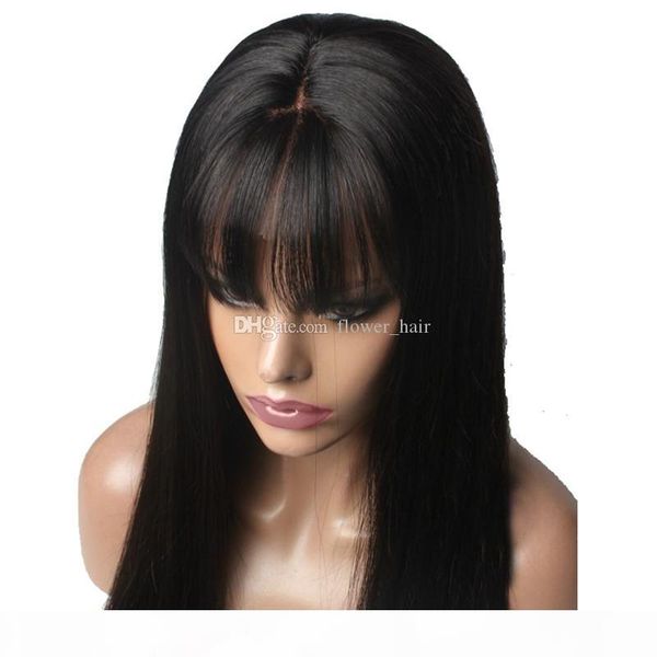 

прямой парик фронта шнурка перуанский волос девственницы полный fringe парик человеческих волос glueless полный парик шнурка с челкой отбеле, Black;brown