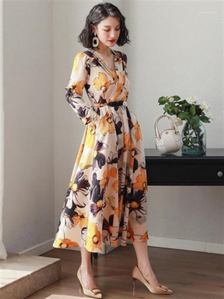 

women dress long long-sleeved chiffon dress printing new women's autumn thin high-end temperament women clothes1, Black;gray