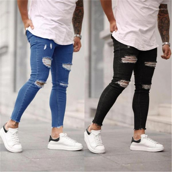 

jeans fashion trend placket button zipper denim trousers designer male autumn new all-match casual skinny pencil pants man hole elasticity, Blue