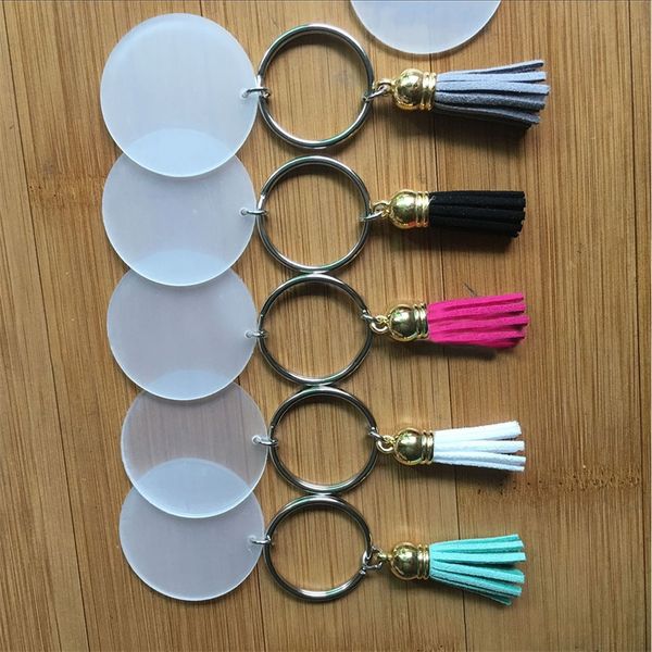 

4cm keychain suede with tassels pendant key buckles blank disc acrylic holders bag decoration female trinket for girls 2 45tw g2