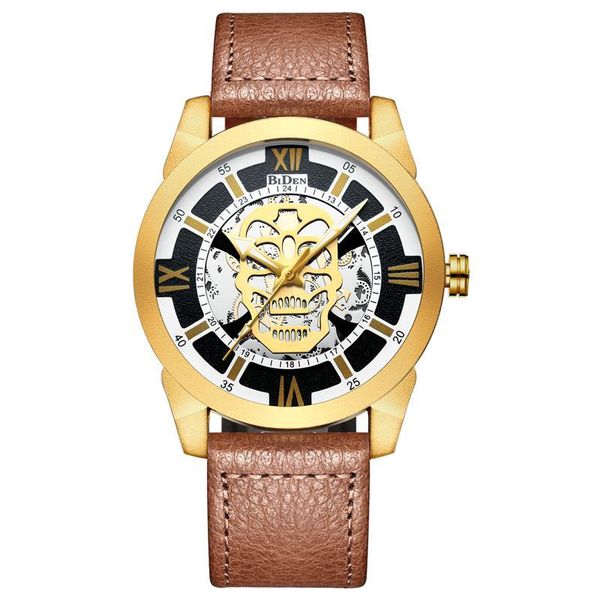 

biden unique skull dial rose gold men watches 3d skeleton casual male quartz wristwatch punk stylish leather band sports clocks, Slivery;brown